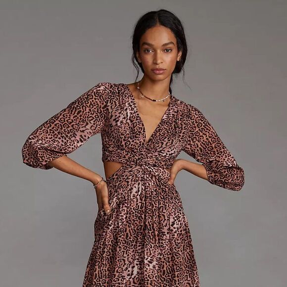 Anthropologie Ranna Gill Floral Leopard Print Cut-Out Midi Dress - Picture 2 of 6